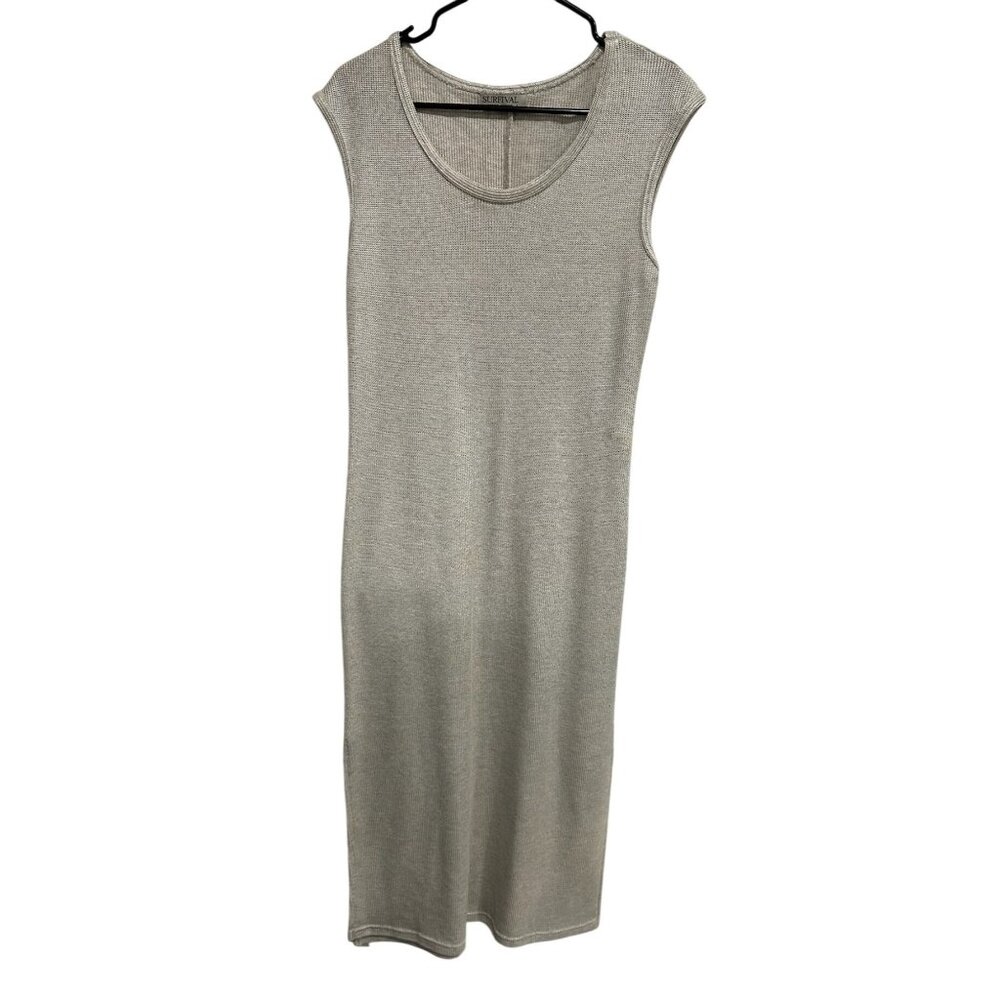Surfival Sleeveless Ribbed Knit Beige Midi Dress Sz Large Beachy Resort Wear